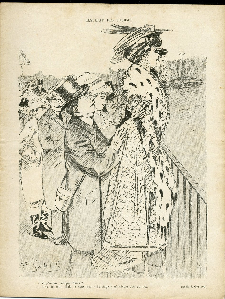 Illustrazione di Gottlob (1873-1935) in Le Lire, 21/12/07 - Risultati delle corse - Amore, Moda, Vita dei ricchi, Ippismo - Donne da Fernand Louis Gottlob