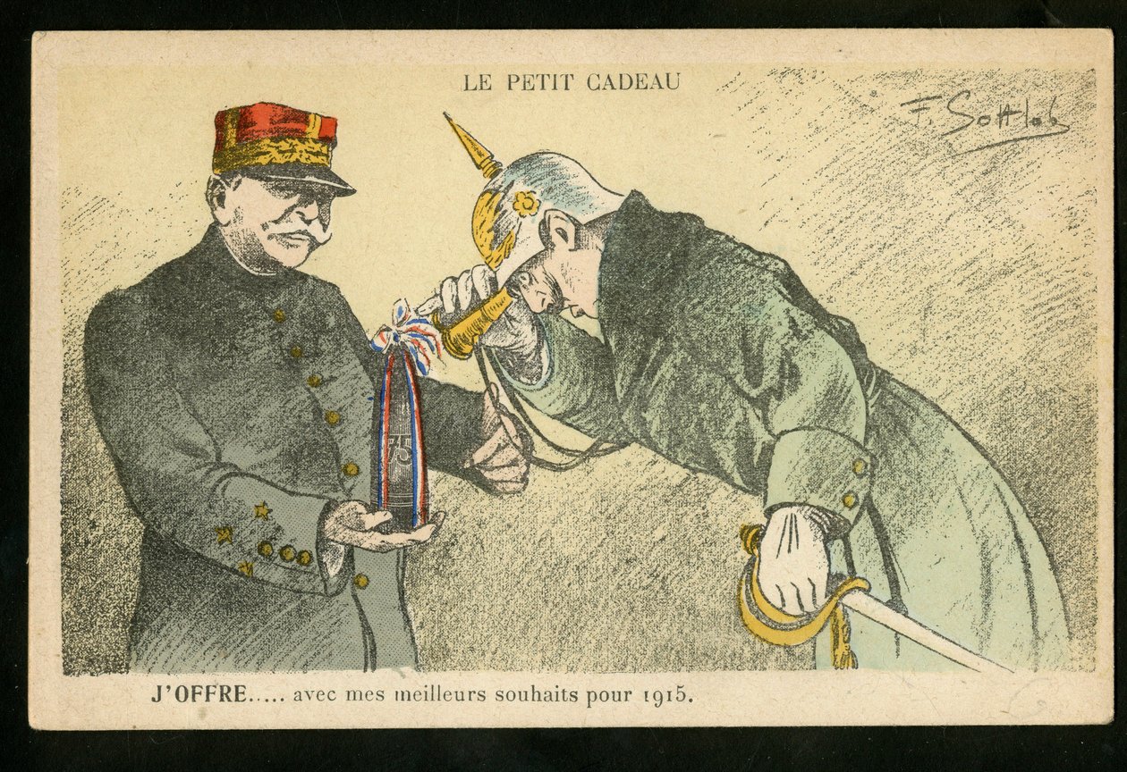 Cartolina, Satirique en Couleurs, ca. 1914_12: Un piccolo dono che offro con i miei migliori auguri per il 1915 - Guerra del 14-18, Cannoni, proiettili - Guglielmo II, Joffre Illustrazione di Gottlob (1873-1935) da Fernand Louis Gottlob