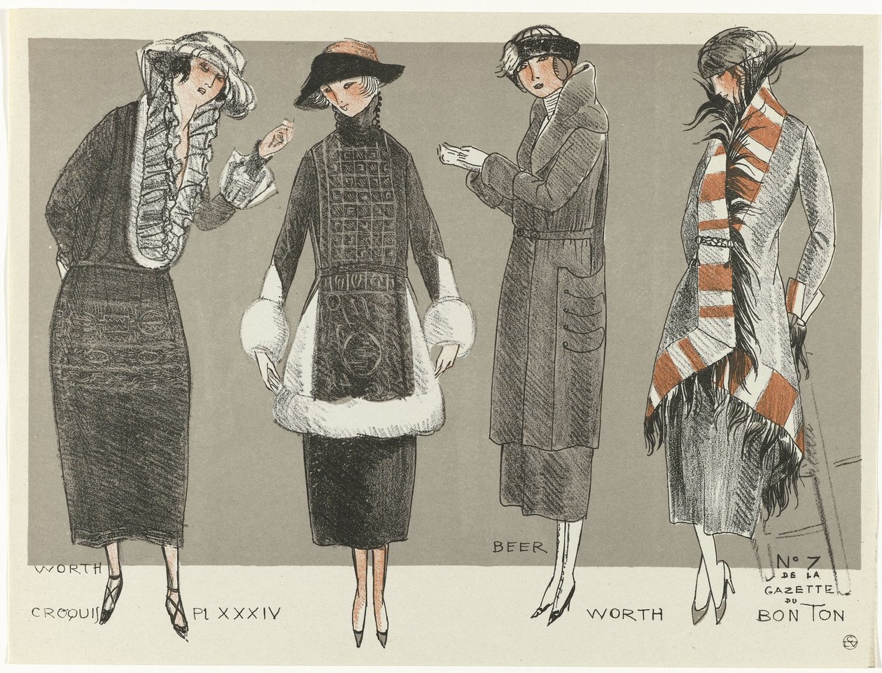 Gazette du Bon Ton, 1920 - No. 7, Croquis Pl XXXIV: Worth / Beer / Worth da Fernand Siméon