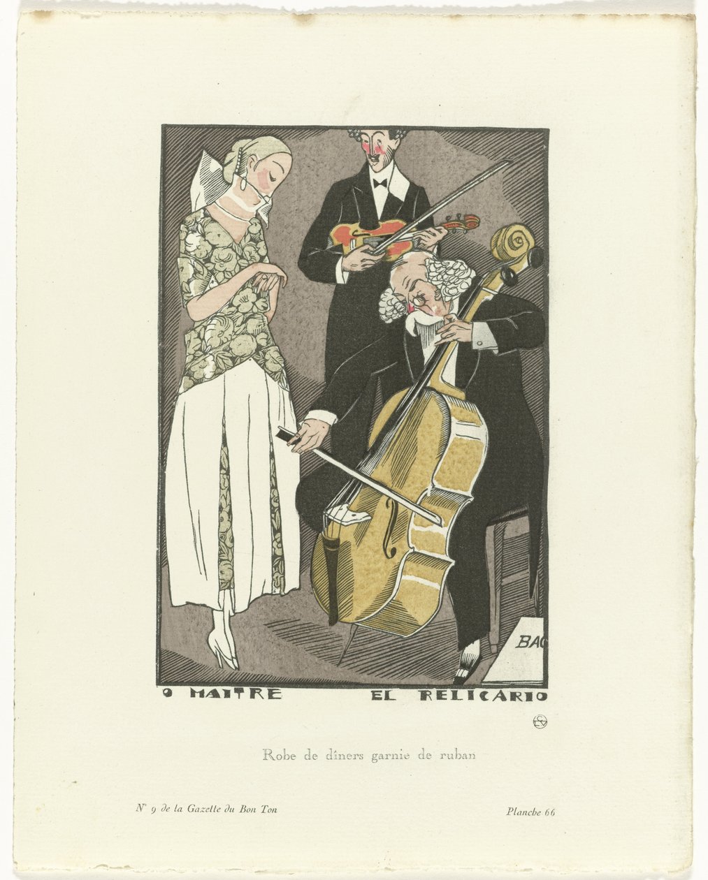Gazette du Bon Ton, 1920 - No. 9, Pl. 66: O Maitre el Relicario / Abito da cena ornato di nastro da Fernand Siméon