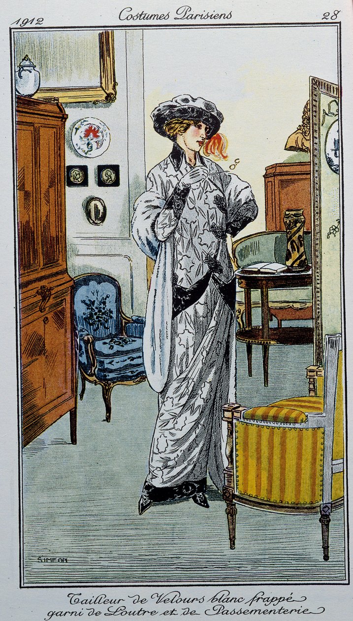 Costumi parigini: velluto bianco a righe con pelliccia di lontra e guarnizioni (disegnato da Fernand Simeon) da Fernand Siméon