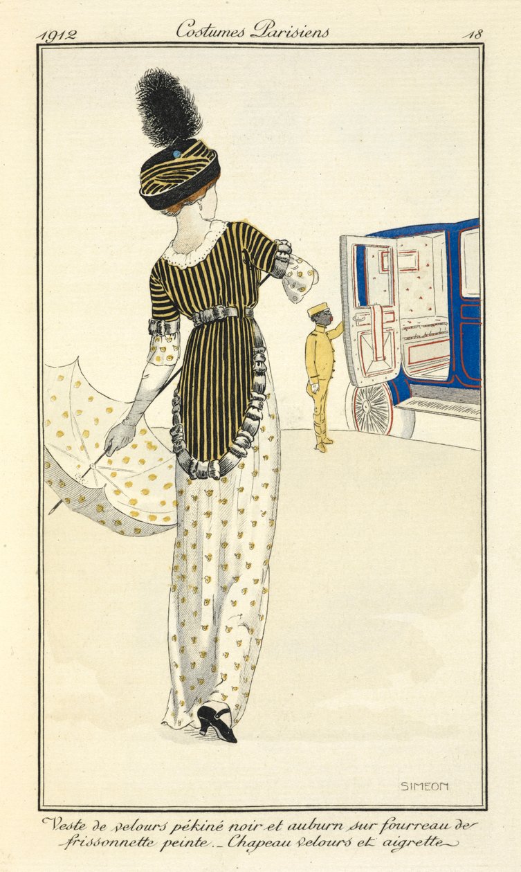 Veste di velluto pekiné nero e auburn su fodero di frissonnette dipinta. Cappello di velluto e aigrette da Fernand Siméon
