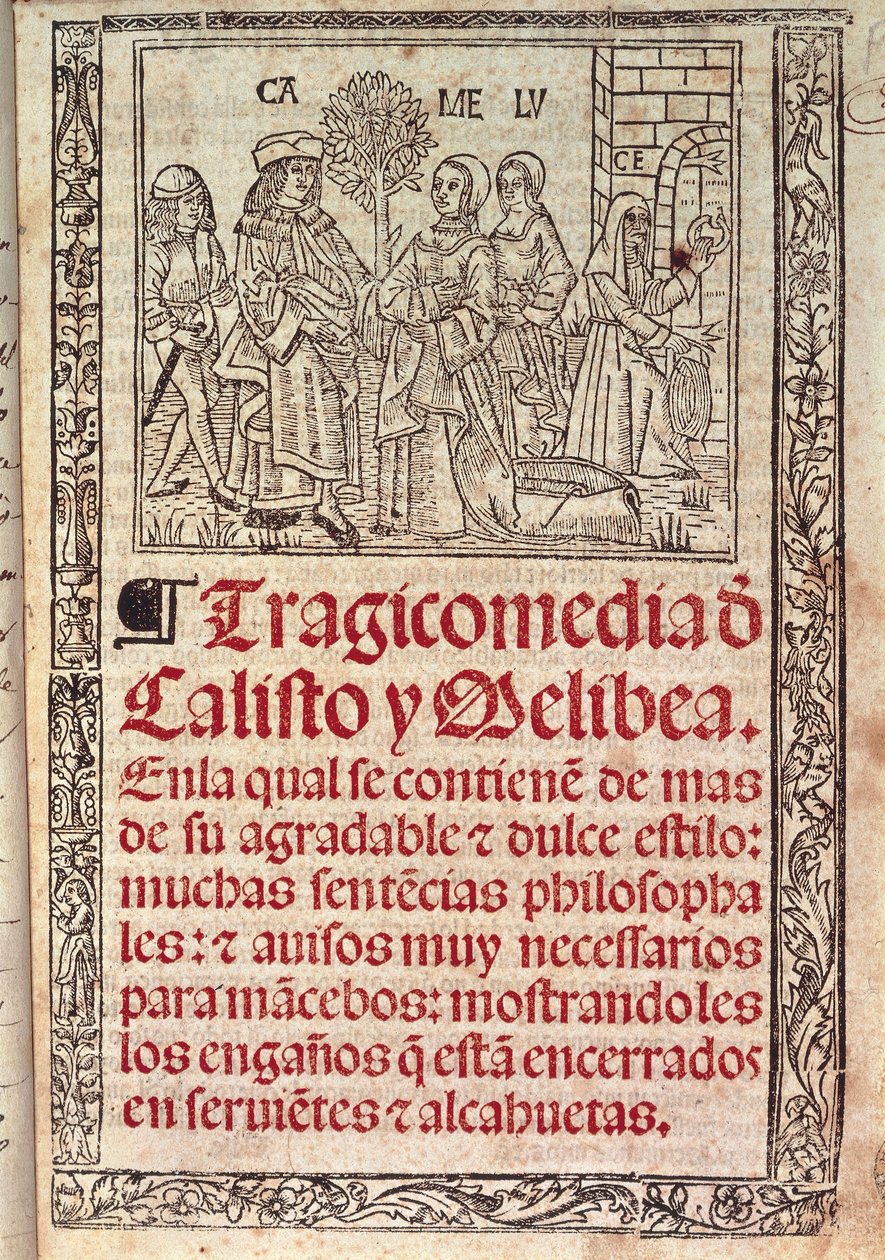 Miniatura su pergamena sulla copertina della Celestina o Tragicomedia de Calisto y Melibea, manoscritto spagnolo di Fernando de Rojas, pubblicato nel 1531 da Fernando de Rojas