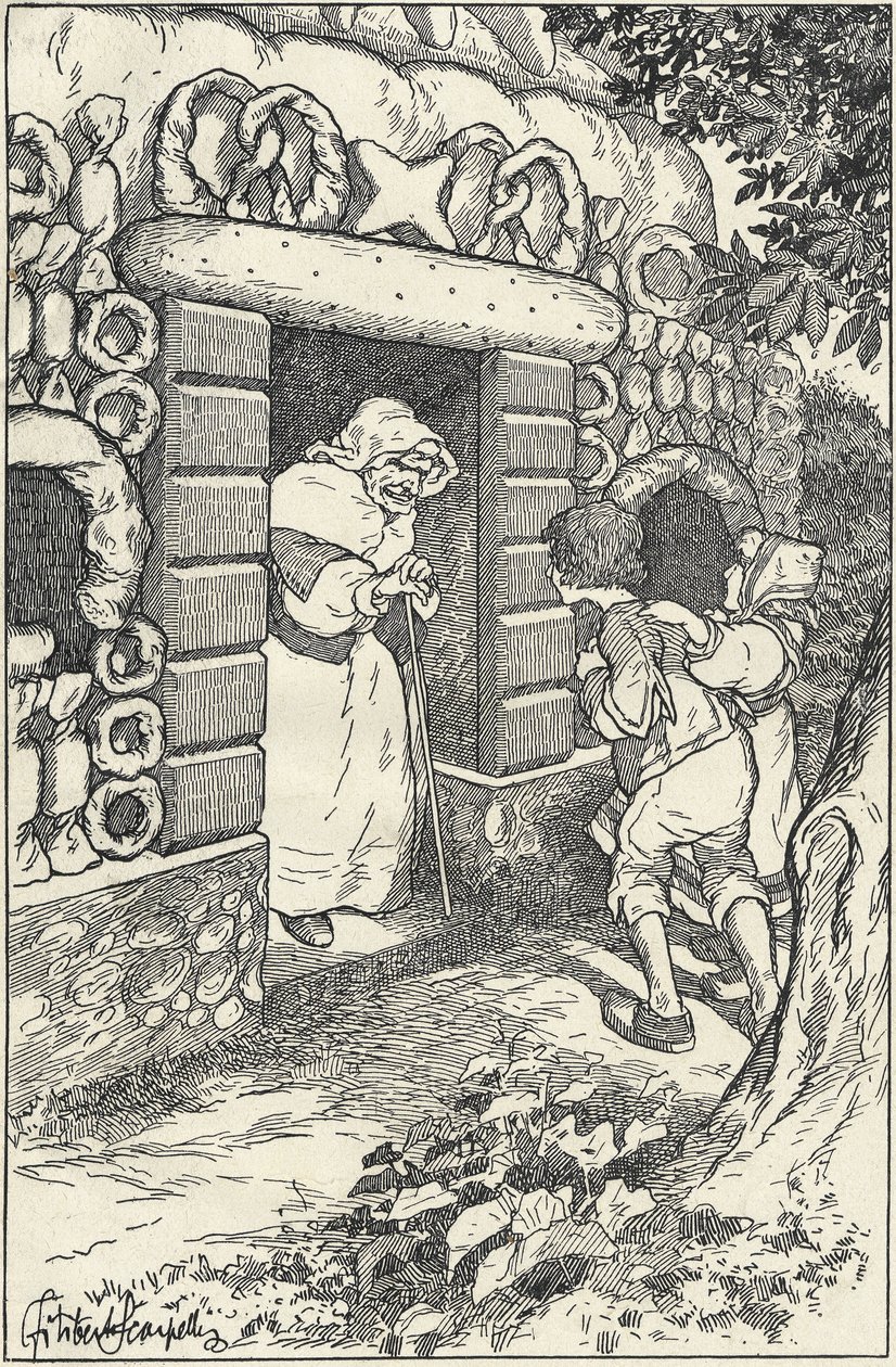 Due bambini in una casa di marzapane nel bosco. Illustrazione di F. Scarpelli per Hansel e Gretel, tratto da una raccolta dei fratelli Grimm. Biancaneve e altri racconti, Firenze da Filiberto Scarpelli