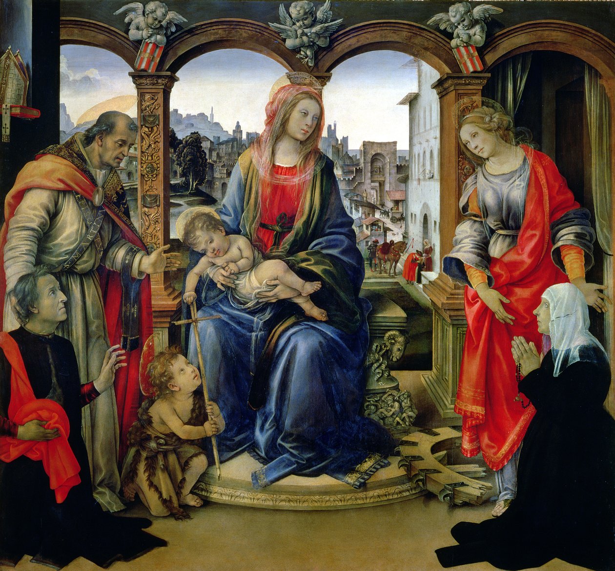 Pala Nerli: Madonna col Bambino con il giovane San Giovanni Battista, San Martino, Santa Caterina e i donatori Tanai e Nanna dei Nerli, 1494 da Filippino Lippi
