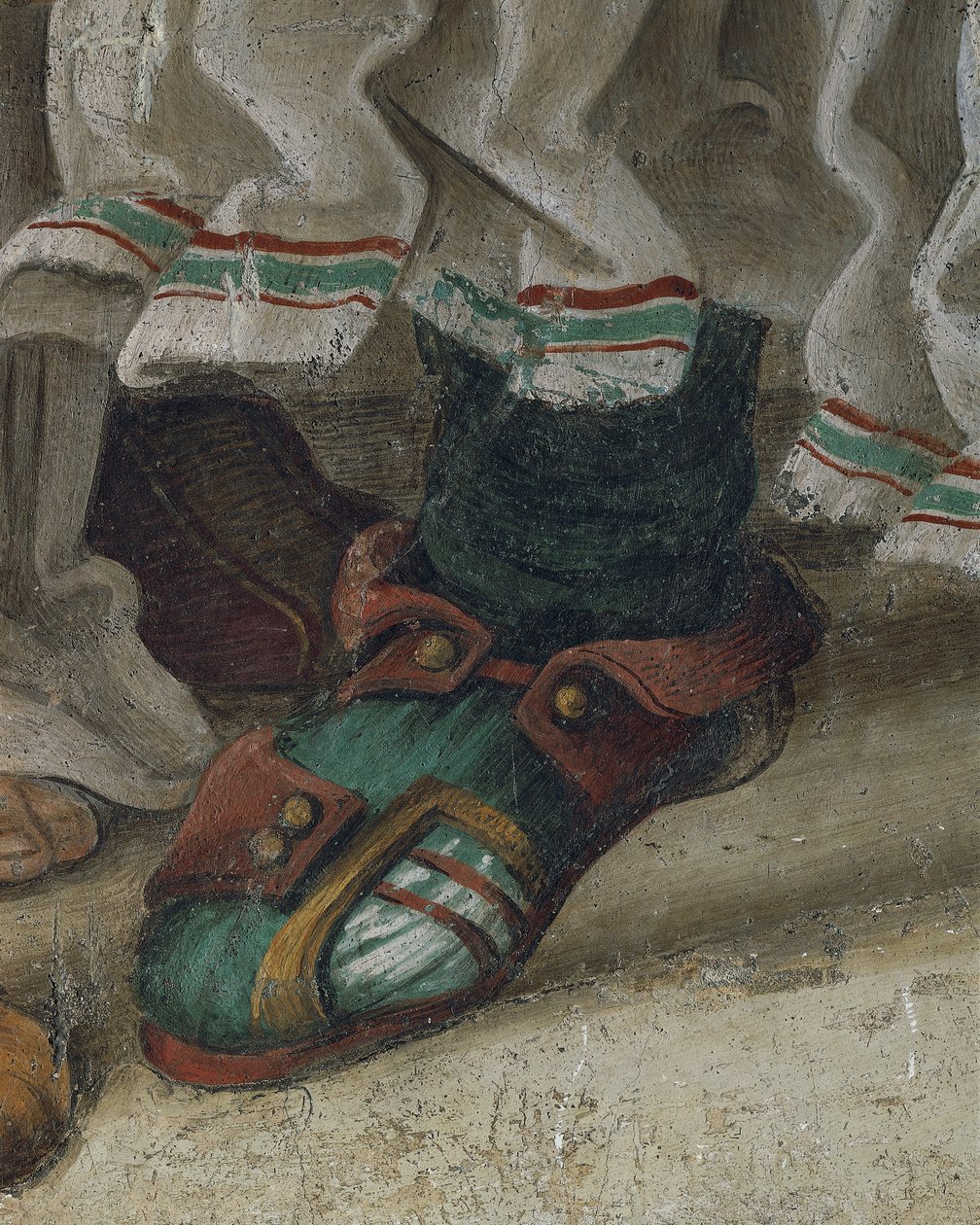 San Filippo scaccia il drago dal tempio di Hieropolis, dettaglio delle calzature, affresco da Filippino Lippi