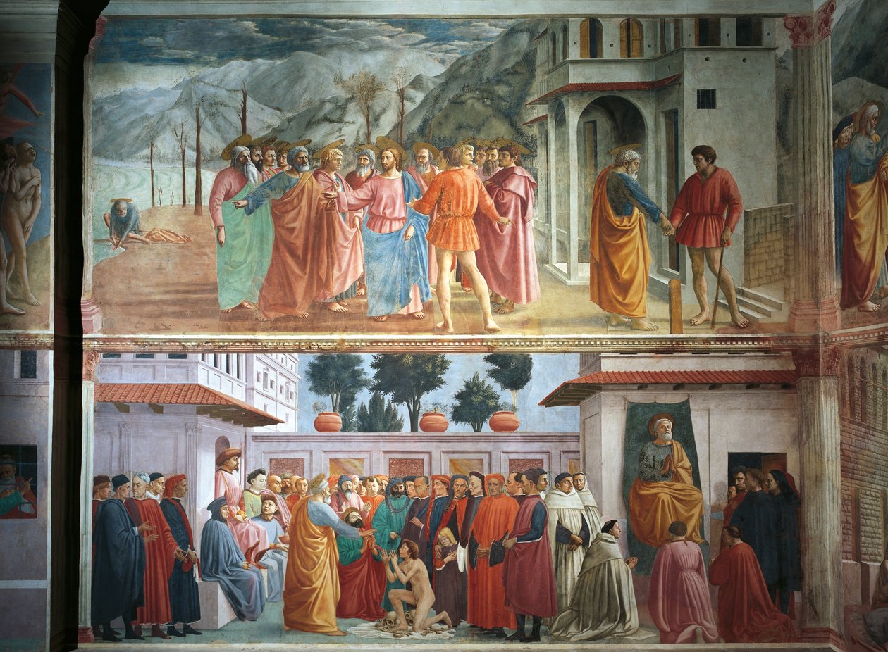 Il pagamento del tributo, di Tommaso Masaccio, La resurrezione del figlio di Teofilo e San Pietro in trono, di Tommaso Masaccio e Filippo Lippi, affreschi da Filippino Lippi