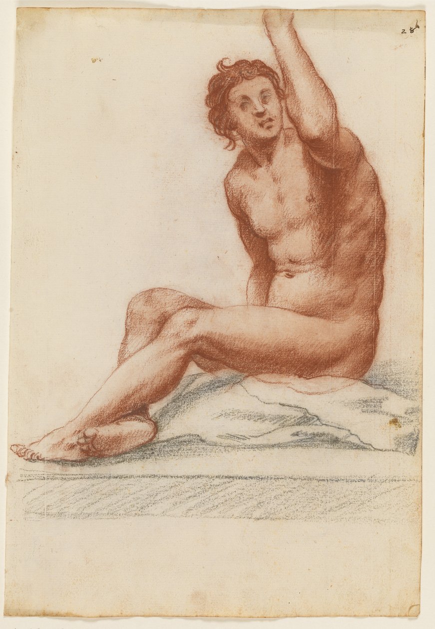 Figura maschile con il corpo girato a sinistra, il braccio sinistro alzato, seduto su un panno da Filippo Esegrenio