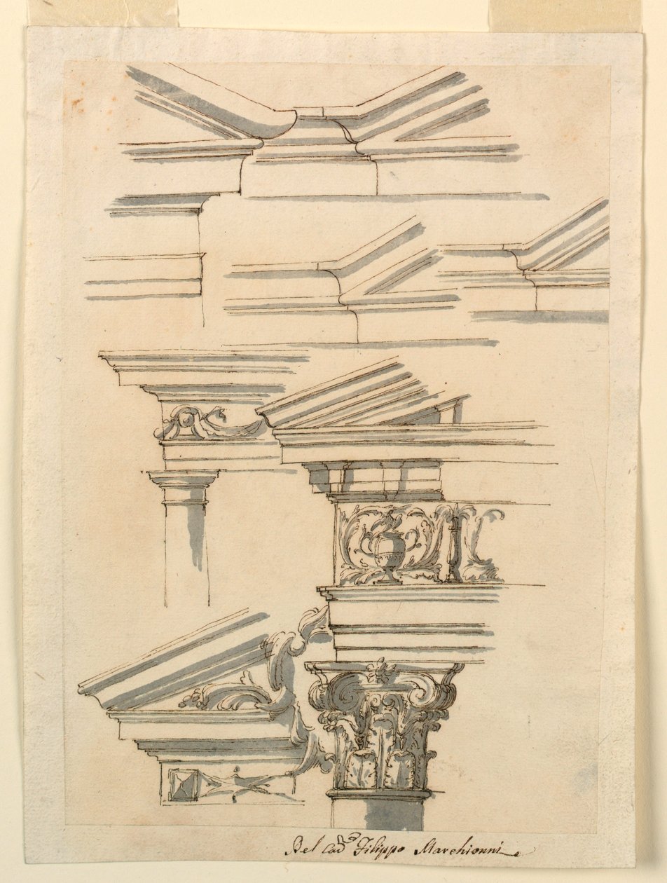 Disegno, Studi per trabeazione e frontone, 1770 ca. da Filippo Marchionni