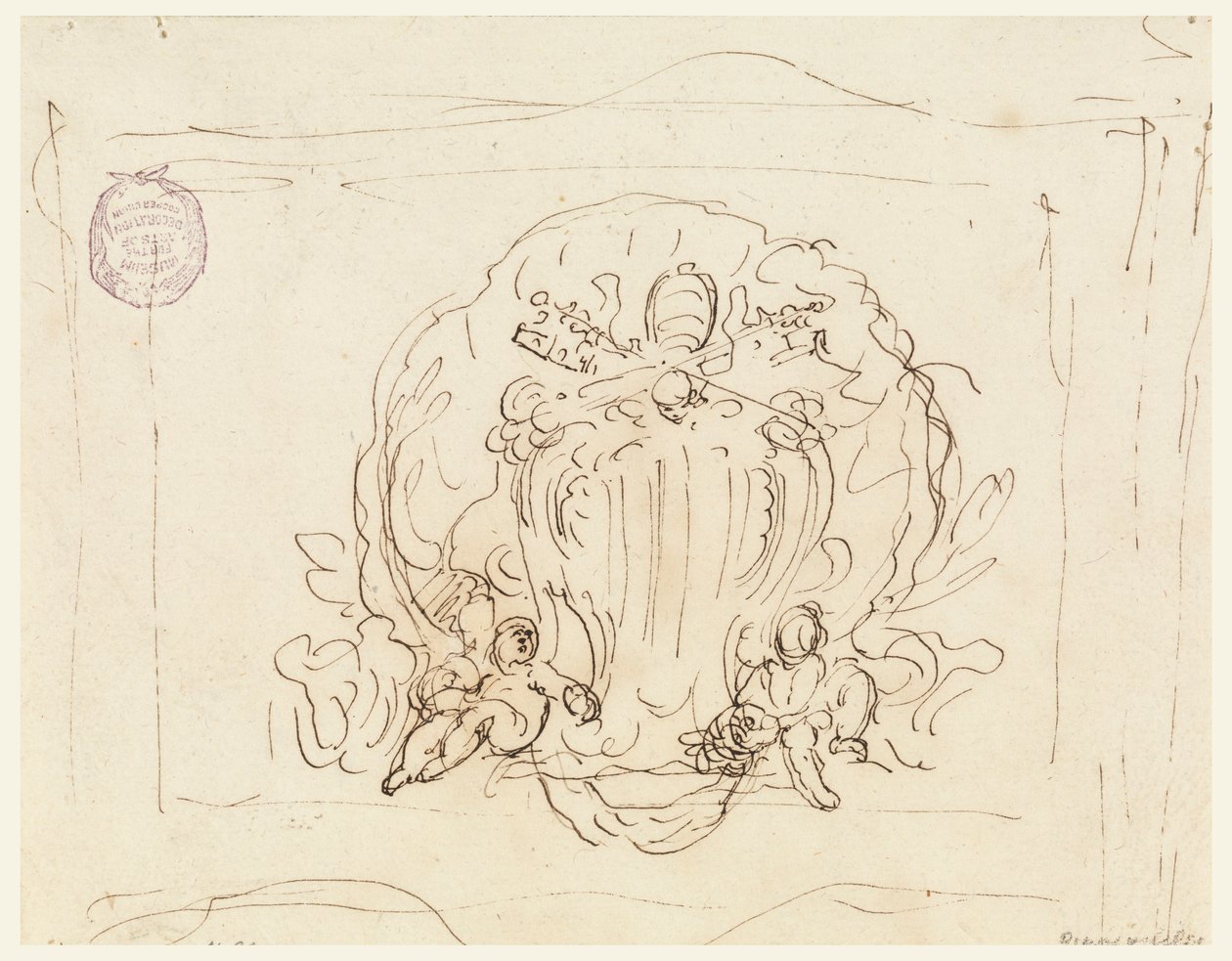 Disegno, Tavola con lo stemma di Papa Benedetto XIV e conchiglia come sfondo, 1740-58 da Filippo Marchionni