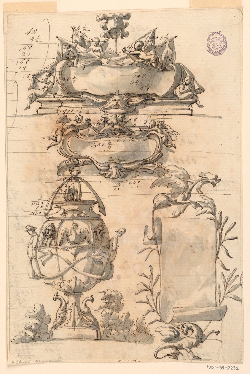 Disegno, Due scudi, un vaso decorativo e un cartiglio, 1750-75 da Filippo Marchionni