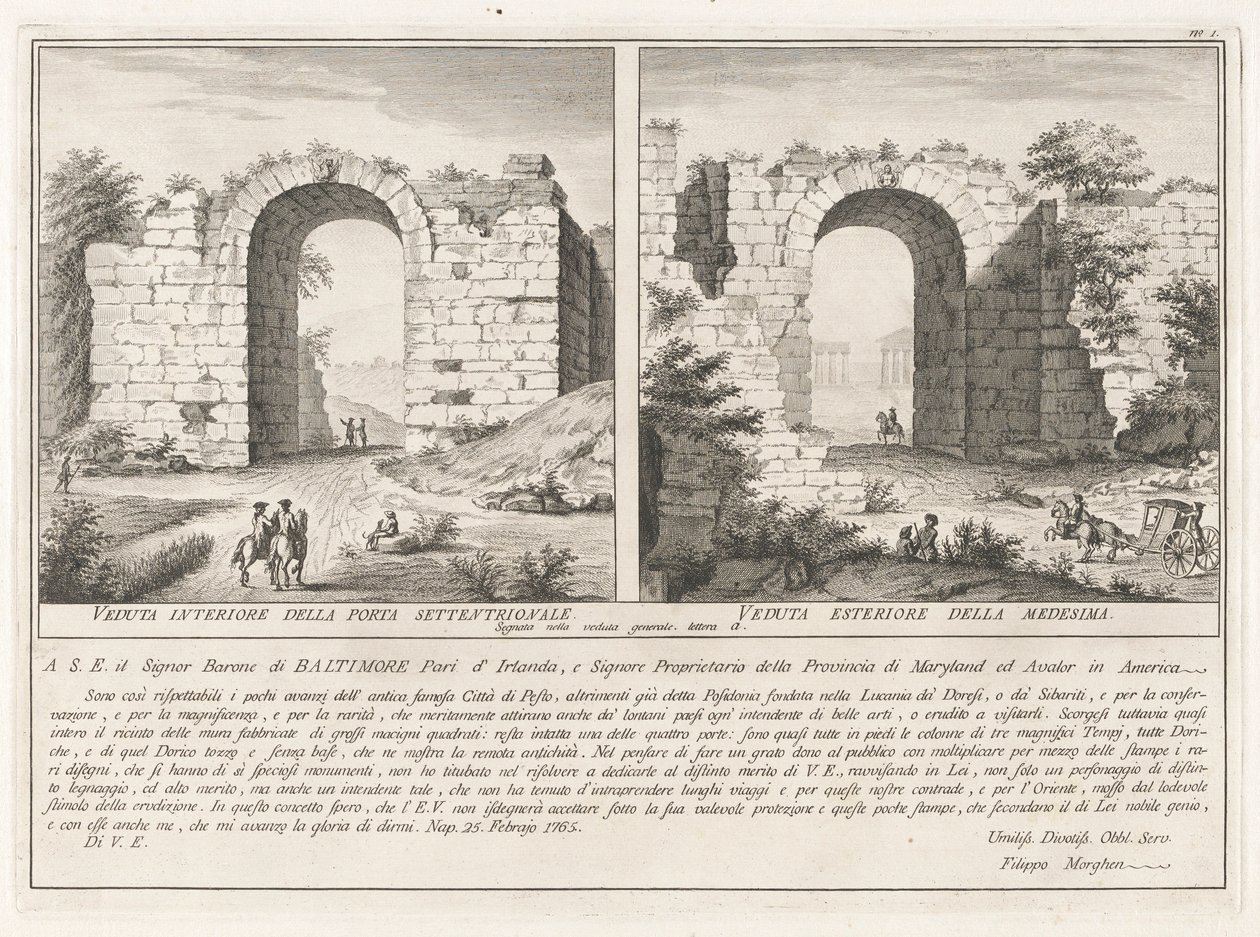 Pagina di dedica, da Antichità di Paestum da Filippo Morghen