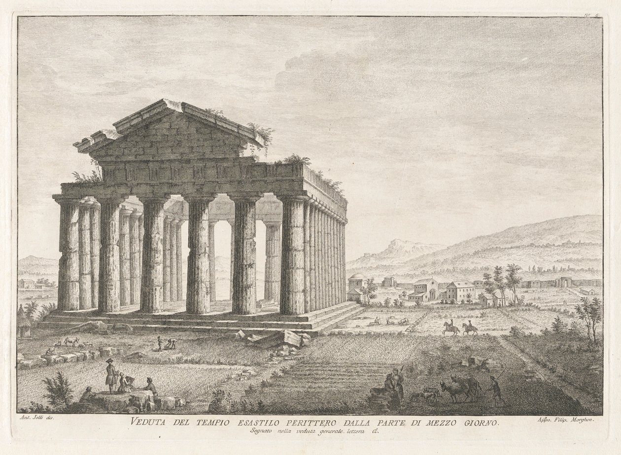 Veduta del tempio esastilo perittero dalla parte di mezzo giorno, da Antichità di Pesto da Filippo Morghen