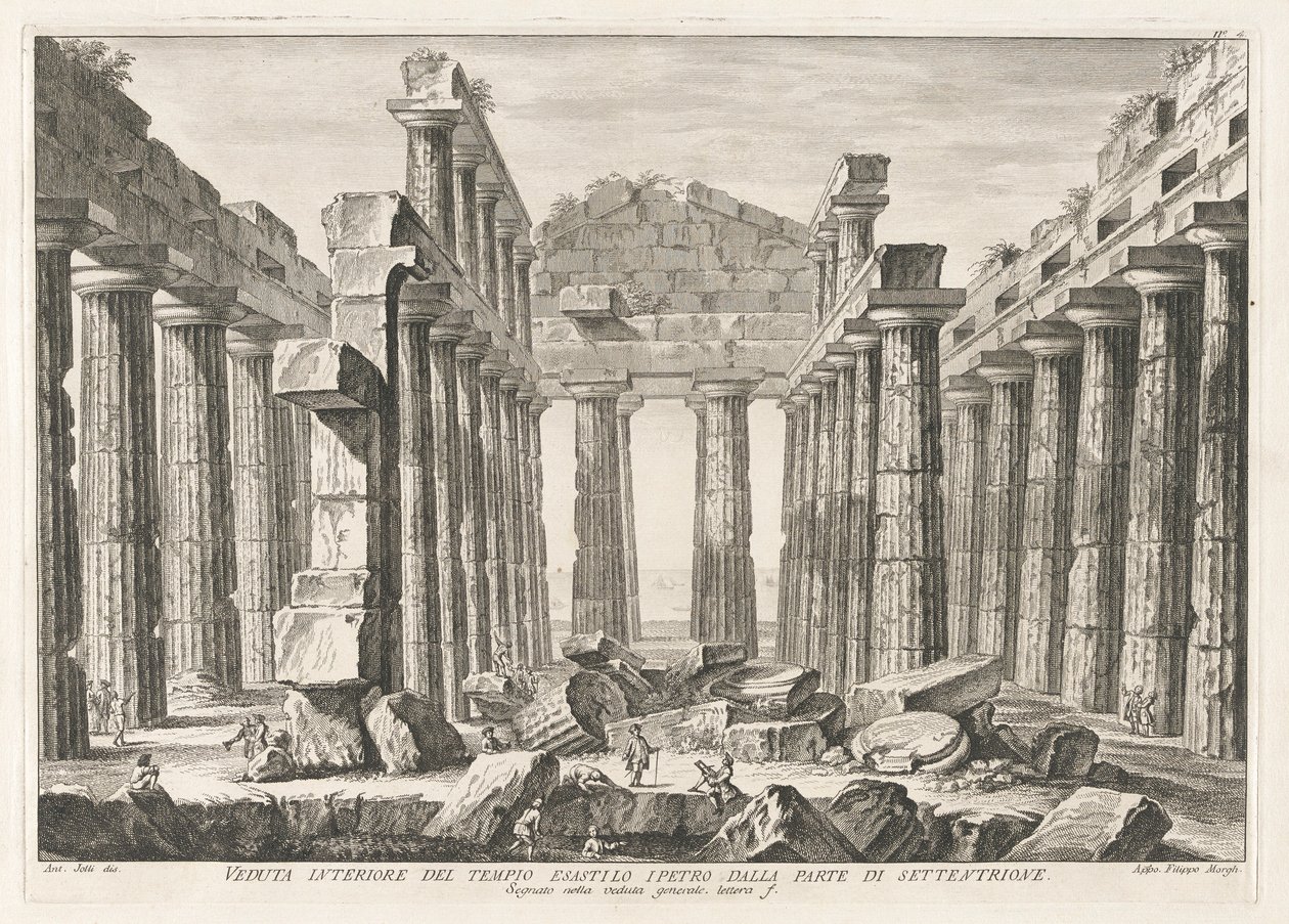 Veduta interna del tempio esastilo ipetro dalla parte settentrionale, da Antichità di Paestum da Filippo Morghen