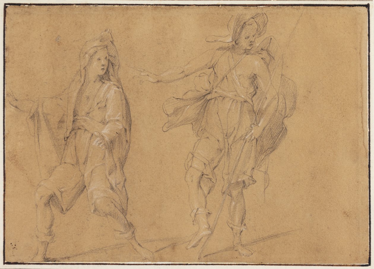 Figura in corsa con il mantello sulla testa e un uomo in piedi con cappello e bastone da Filippo Paladini