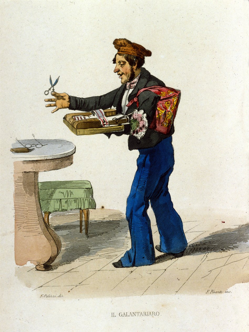 Venditori di galanterie a Napoli. Questi venditori ambulanti offrivano cosmetici. Incisione a colori su rame da un dipinto di F. Palizza (da: Costumi del regno di Francesco de Bourcard) da Filippo Palizzi