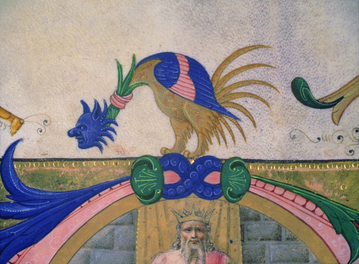 Missale 515 f.13v Creatura fantastica a due zampe con volto umano, dettaglio del bordo decorativo di un libro corale eseguito prima del 1449 (dettaglio) da Filippo di Matteo Torelli