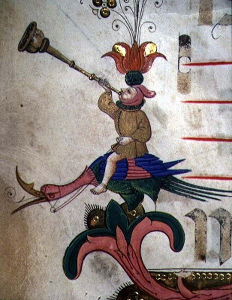 Messale 515 f.9r Figura che soffia un corno, montata su un uccello bardato, dettaglio del bordo decorativo da un libro corale eseguito prima del 1449 (dettaglio) da Filippo di Matteo Torelli