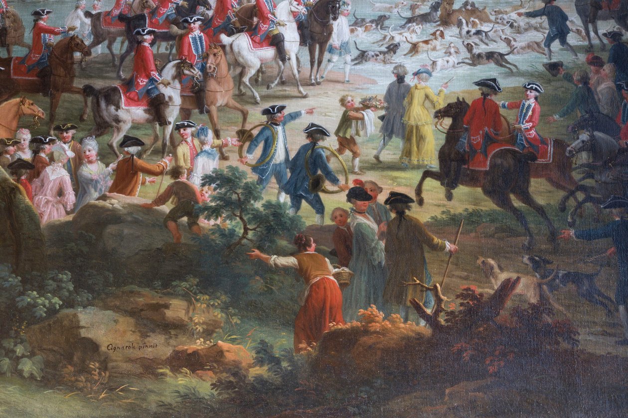 Caccia al cervo, di Vittorio Amedeo Cignaroli (1730-1800), olio su tela, sala degli scudieri, Residenza di caccia, di Filippo Juvarra (1678-1736), Stupinigi, Piemonte, Italia da Filippo or Juvara Juvarra