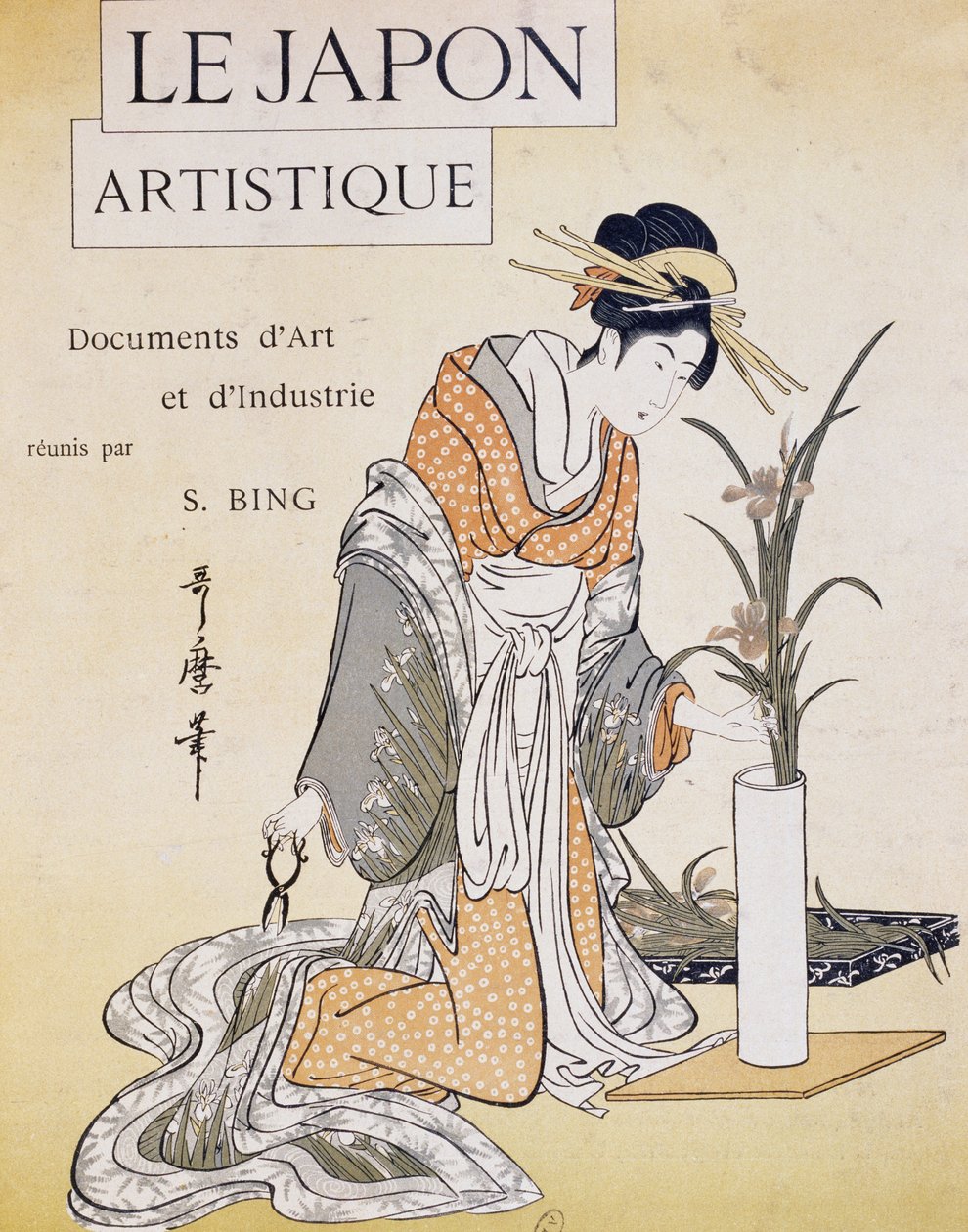 Donna che sistema fiori in un vaso, copertina di Firmin Gillot, Le Japon Artistique, documenti d