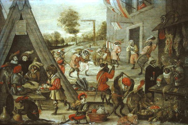 Scimmia e soldati gatto in un accampamento, 1632 da Flemish School