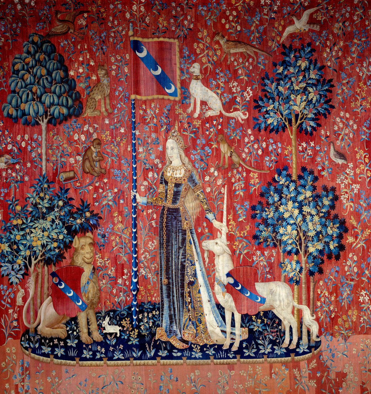 Una giovane donna circondata da un leone, un unicorno, una scimmia, conigli - Arazzo in lana e seta realizzato tra il 1484 e il 1500, dal castello di Boussac, Creuse. Parigi, museo nazionale del Medioevo, Thermes de Cluny - Allegoria del tatto (Le Touch) da Flemish School