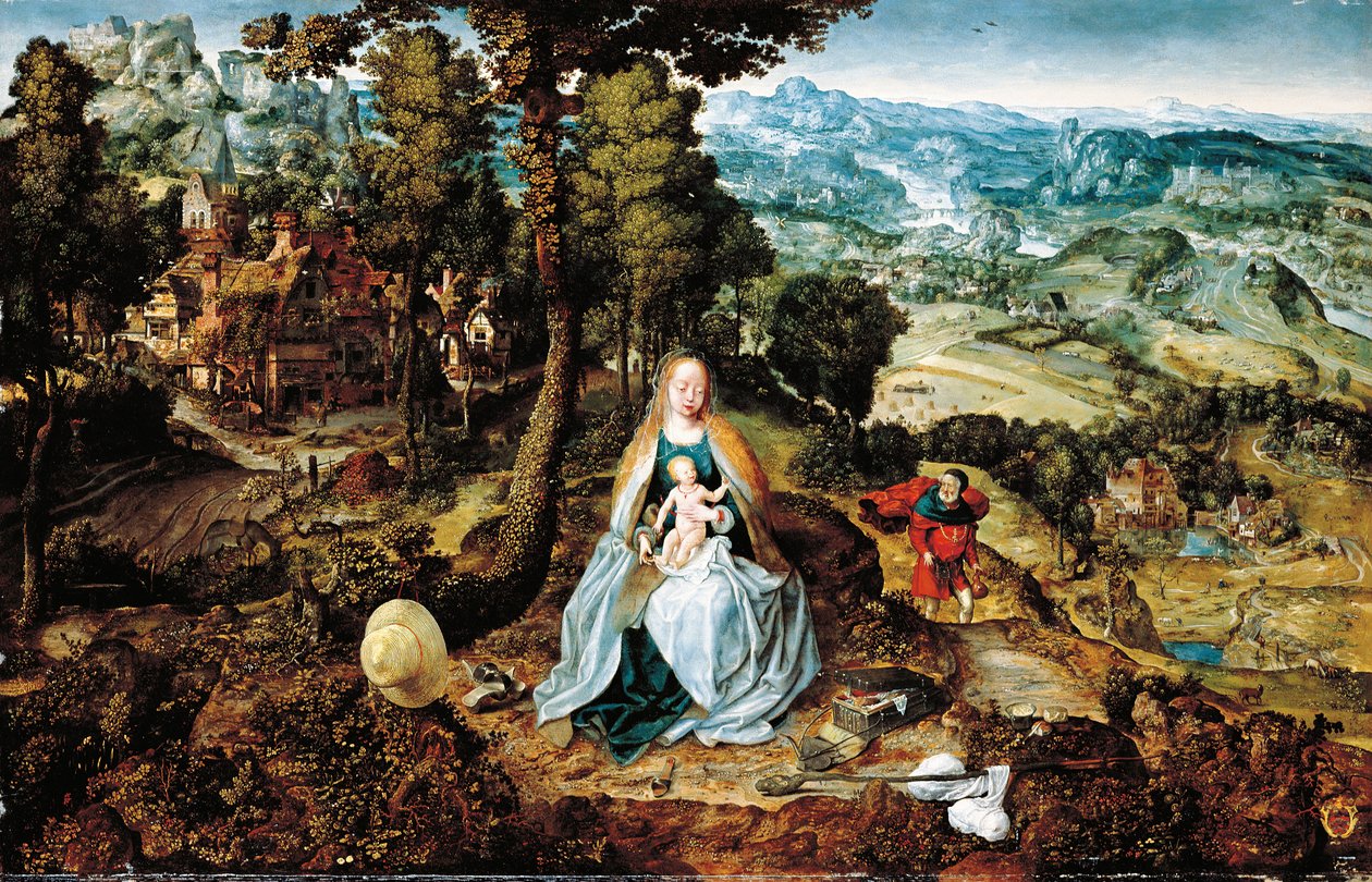 Paesaggio esteso con il riposo durante la fuga in Egitto, scuola di Anversa, c.1520 da Flemish School