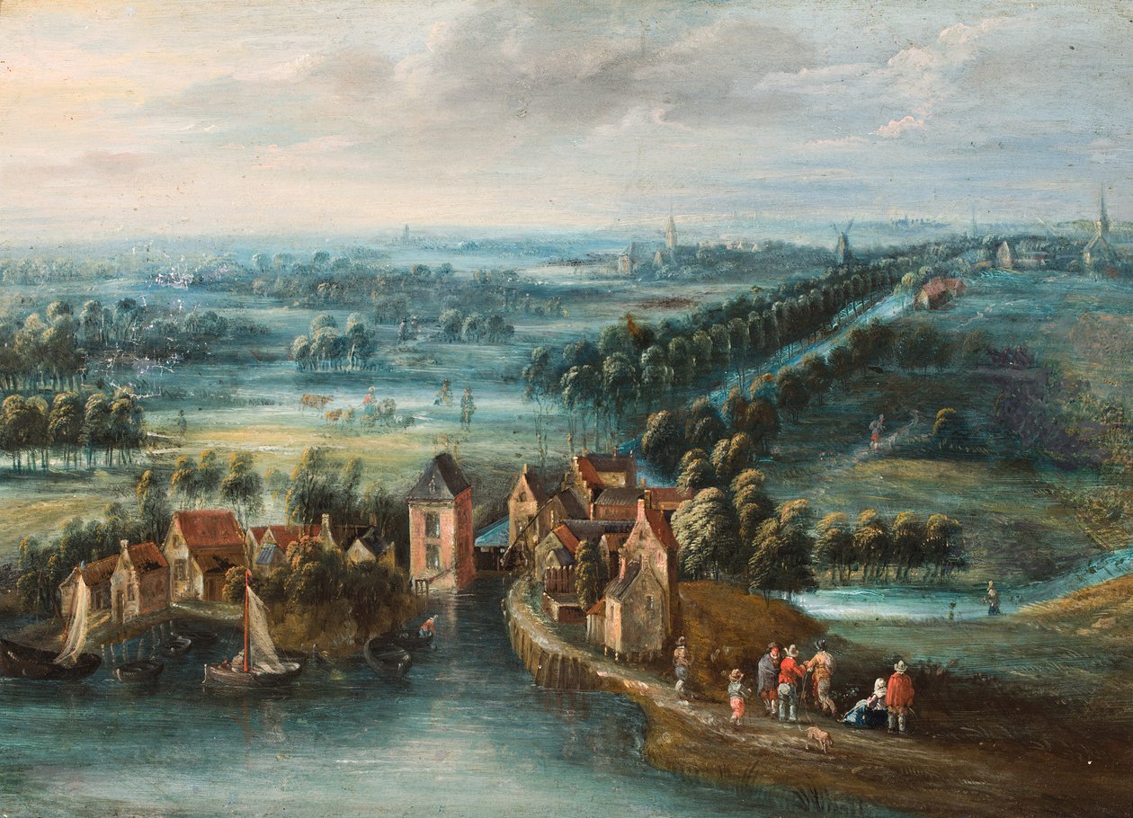 Un ampio paesaggio con un villaggio lungo un fiume e figure in primo piano da Flemish School