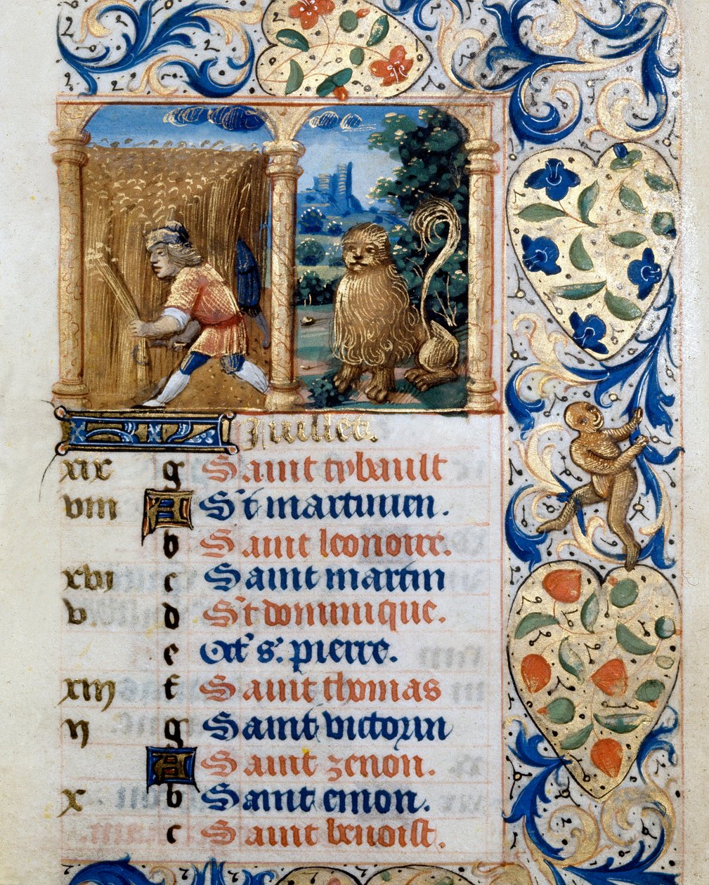 Calendario, il mese di luglio, un contadino in un campo di grano e il segno del leone. Pagina tratta da un libro d