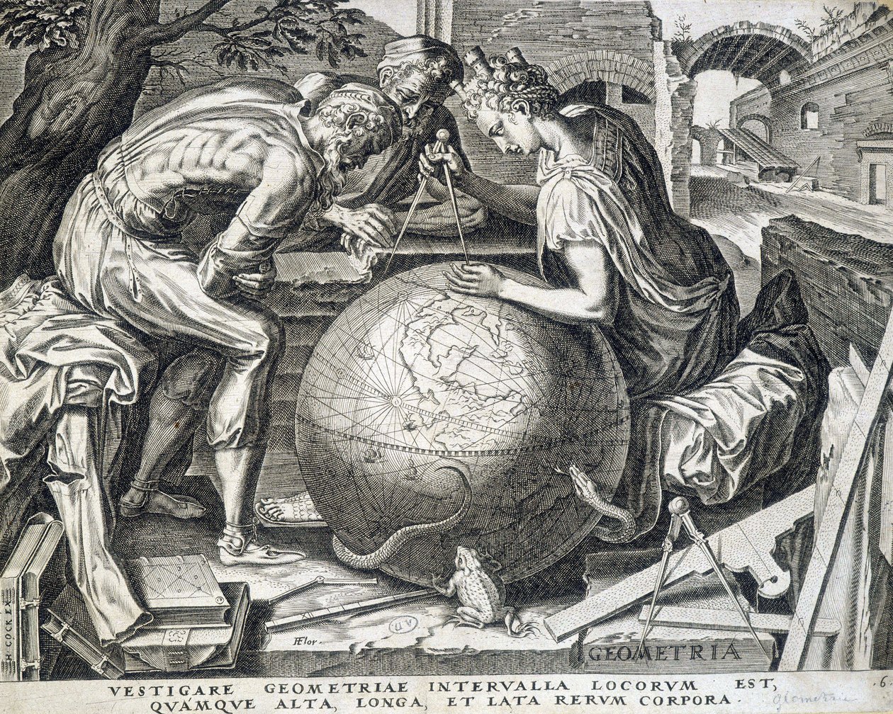 Personaggi che si chinano sopra il globo con compasso (allegoria della geometria) - incisione, Fiandre da Flemish School