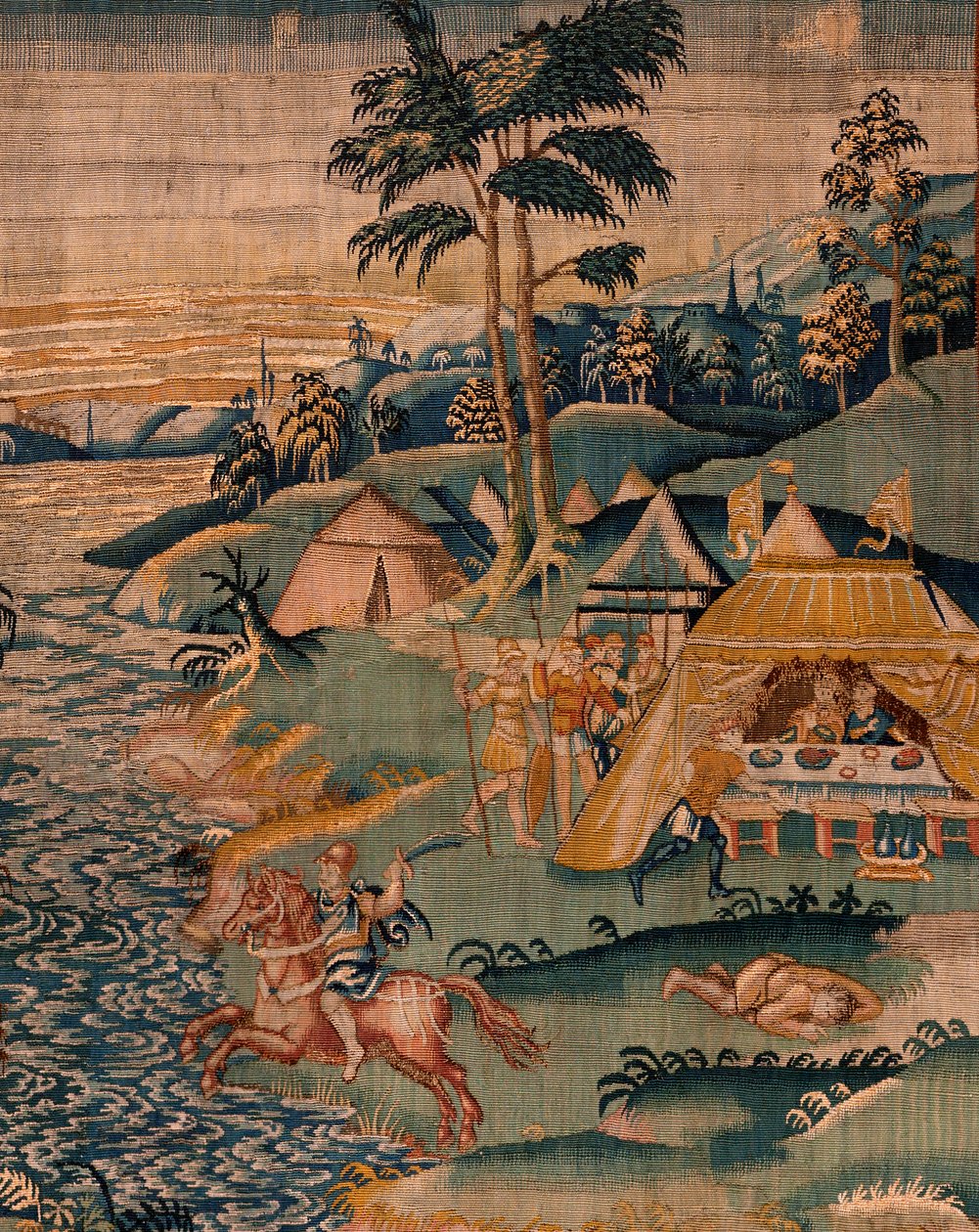 Arazzo fiammingo. Campo militare vicino al fiume Granikos. Atelier di Oudenaarde. 377x393cm. Inv 83104-9 /00011. XVII secolo. da Flemish School