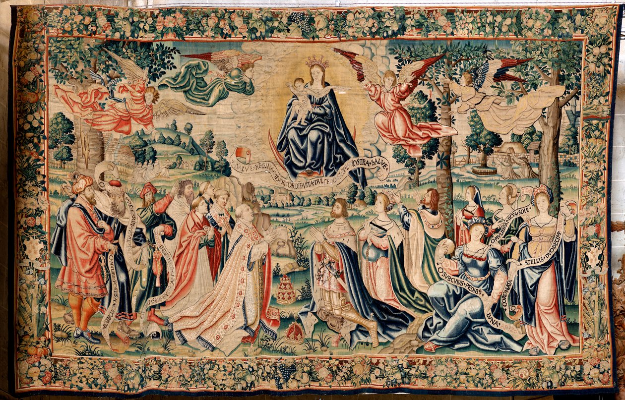 Arazzo fiammingo. Serie La grandine. Salve Regina. Manifattura laboratori di Bruxelles, una possibile manifattura di Marc Crétif. Ca 1528. Dimensioni 412 x 652 cm. Tessuto seta e lana. Posizione Cattedrale di Palencia. Origine Un lascito del vescovo Fonsec da Flemish School