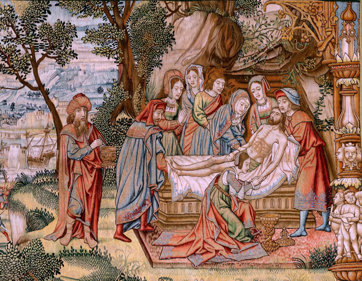 Arazzo fiammingo. Serie La Passione di Cristo. La discesa dalla croce. Seconda serie di arazzi della Passione di Cristo appartenente al Patrimonio Nacional. Modello Cartonisti della cerchia di Jan van Roome. Manifattura Pieter van da Flemish School