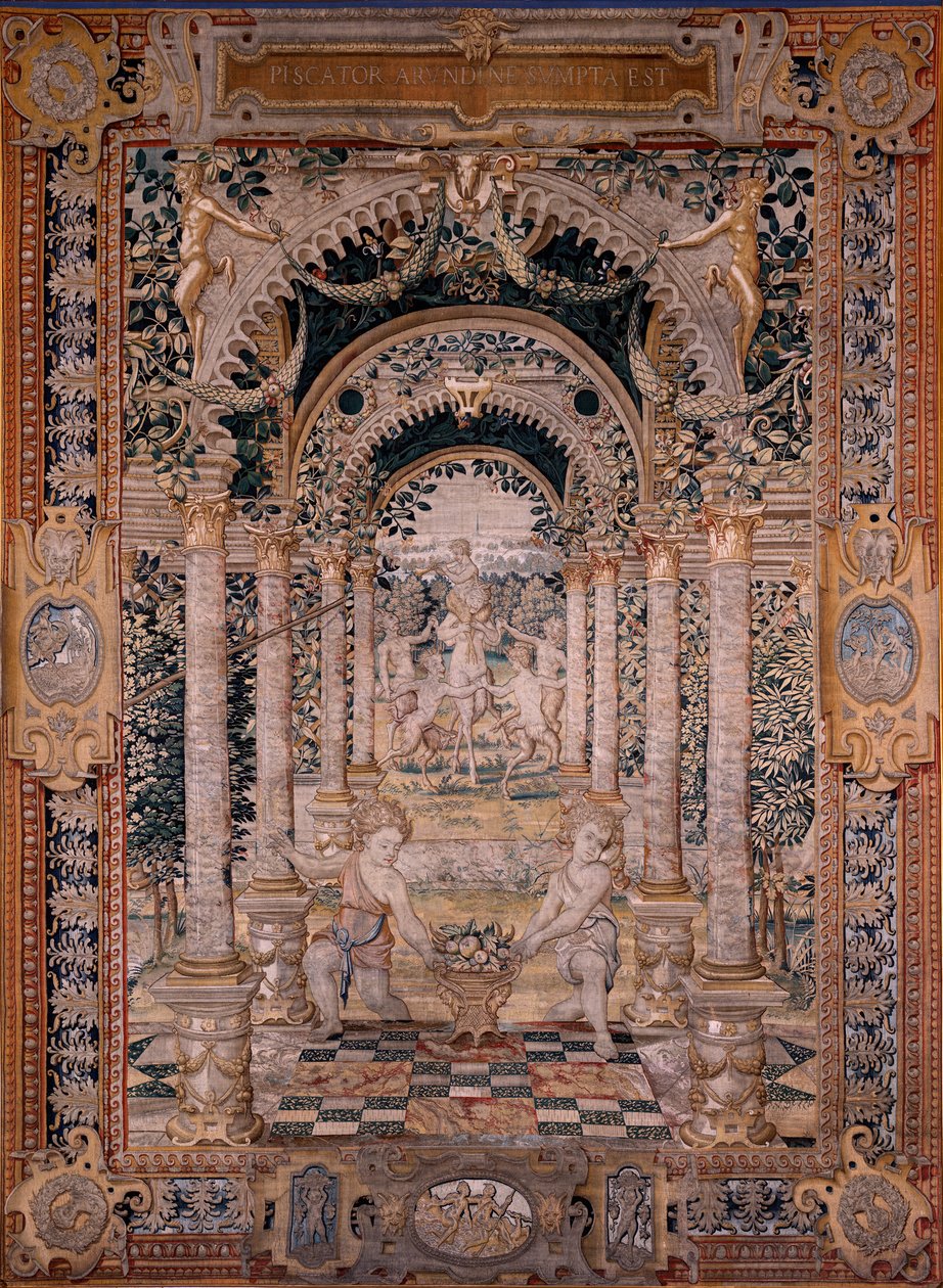Arazzo fiammingo. Serie Vertumno e Pomona. Settimo arazzo della serie; Vertumno trasformato in pescatore (parte centrale). Modelli Circolo di Pieter Coecke Van Aelst e Léonard Thiry. Manifattura Laboratorio sconosciuto, Bruxelles. Prima del 1550. Tessuto G da Flemish School