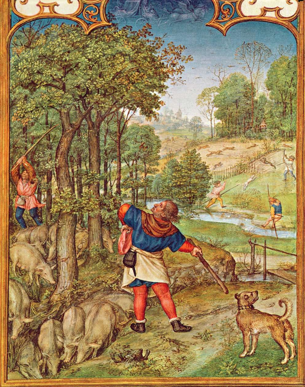 Fol.11v Il mese di novembre: Raccolta di ghiande per i maiali e caccia, dal Breviarium Grimani, c.1515 da Flemish School