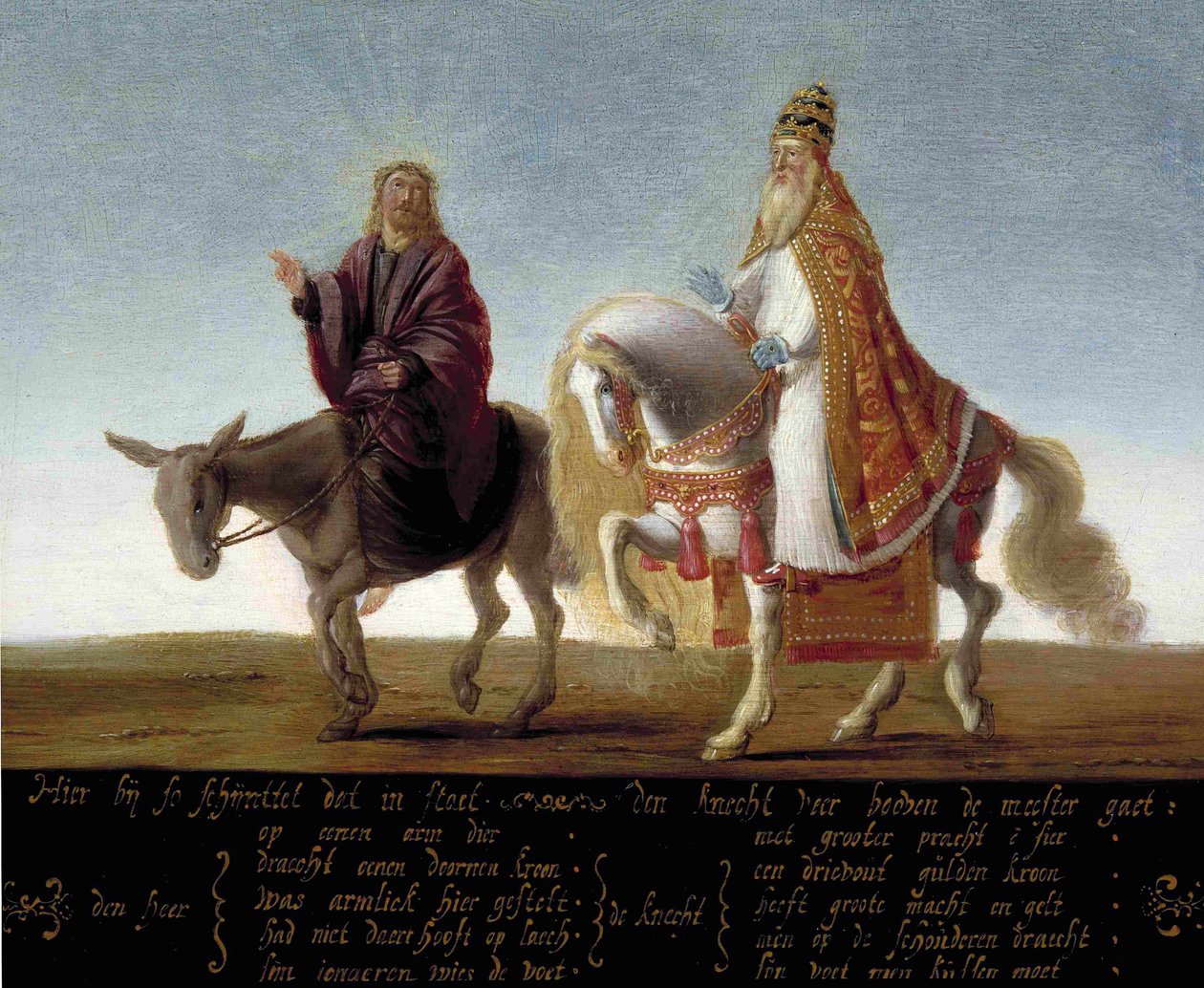 Gesù rappresentato su un asino accanto al papa riccamente vestito su un cavallo da Flemish School