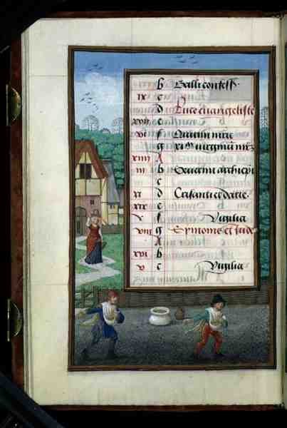 Ms 1058-1975 f.10v Due uomini che seminano grano, pagina del calendario illuminata per ottobre, da un Libro d