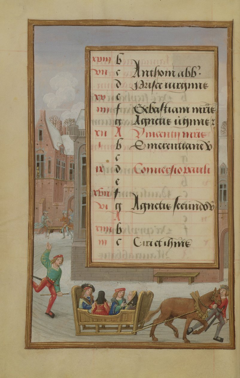 Ms 1058-1975 f1v Scena di strada nella neve, pagina del calendario illuminata per gennaio, da un libro d