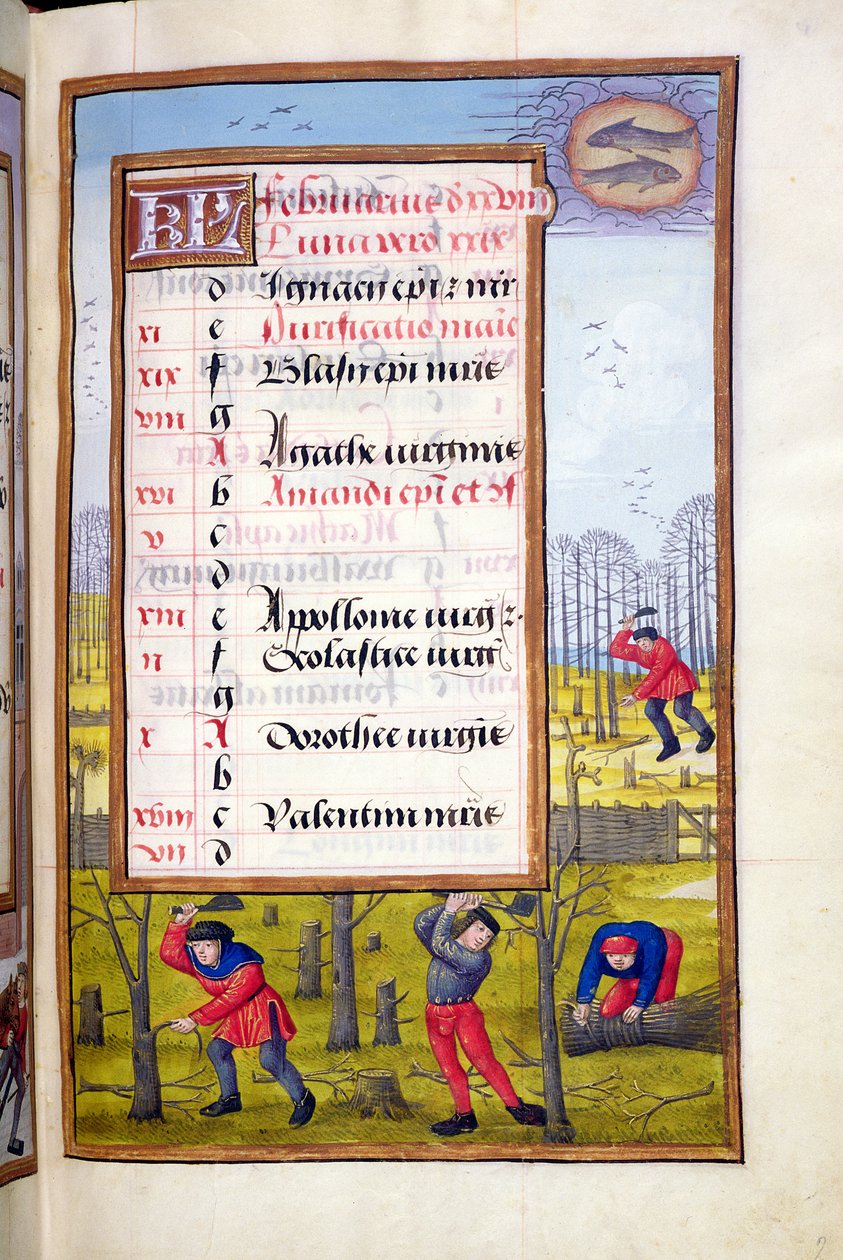 Ms 1058-1975 f2r Taglio degli alberi e legatura delle fascine, pagina illuminata per febbraio, da un libro d