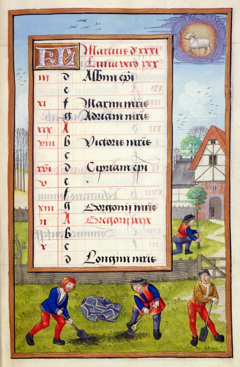 Ms 1058-1975 f3r Scavo e piantagione di alberi, pagina del calendario illuminata per marzo, da un libro d