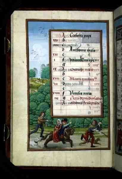 Un maestro e la sua signora cavalcano con la caccia, pagina del calendario illuminata per aprile, da un Libro d