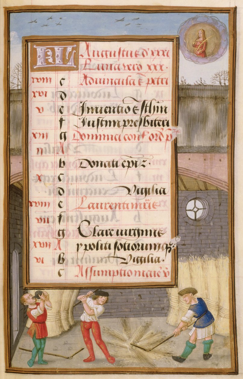 Ms 1058-1975 f8r Trebbiatura del grano nel fienile, pagina del calendario illuminata per agosto, da un libro d