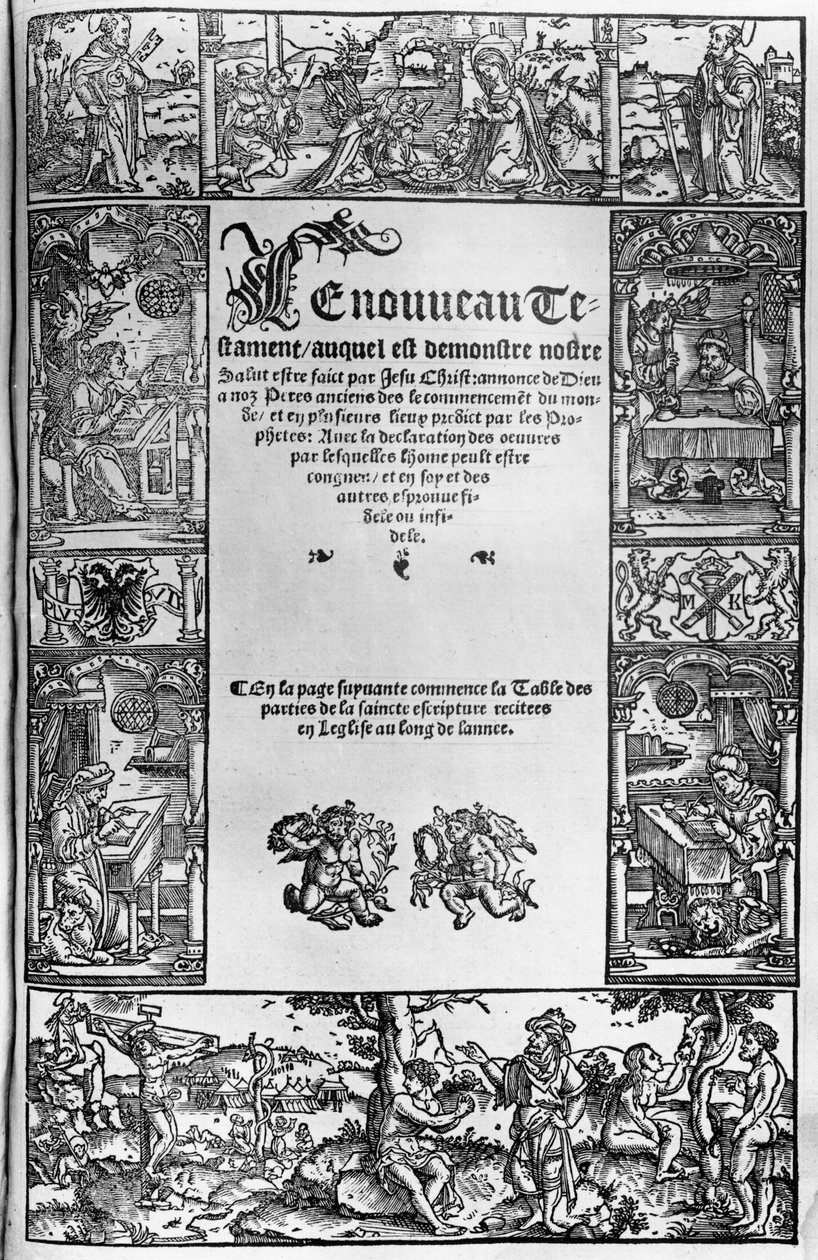 Pagina del titolo del Nuovo Testamento di una traduzione francese di Jacques Lefevre d