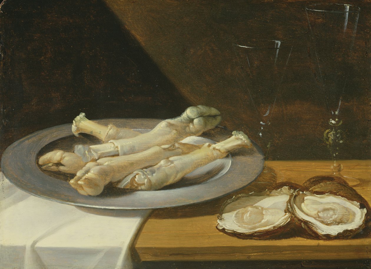 Zampetti di maiale su un piatto di peltro con ostriche e bicchieri di vino su un tavolo drappeggiato, c.1630 da Flemish School
