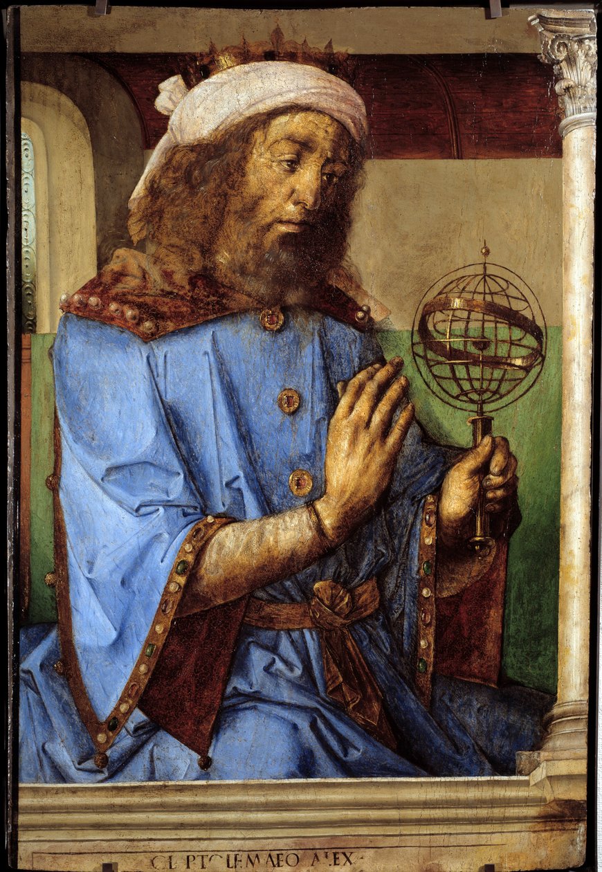 Ritratto di Tolomeo (Claudio Tolomeo, ca. 90-168), astronomo greco. Pittura di Pedro Berruguete (ca. 1450-prima del 1504) e Just Of Ghent (1435-1480) Ec. Flam da Flemish School