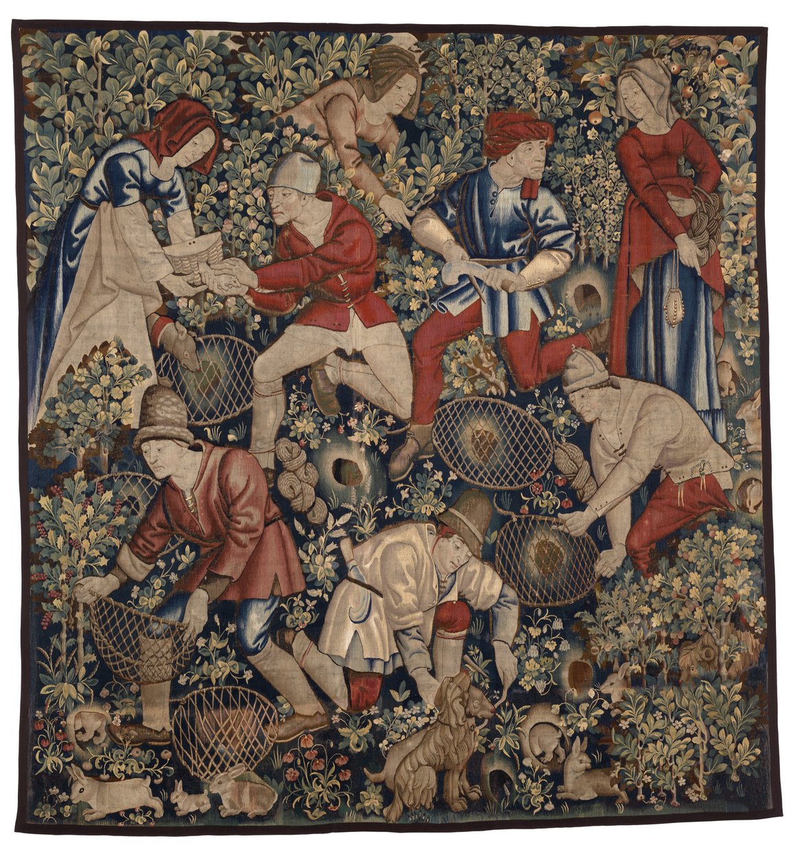 Arazzo che raffigura contadini che cacciano conigli con furetti, Tournai, c.1450-75 (lana) da Flemish School