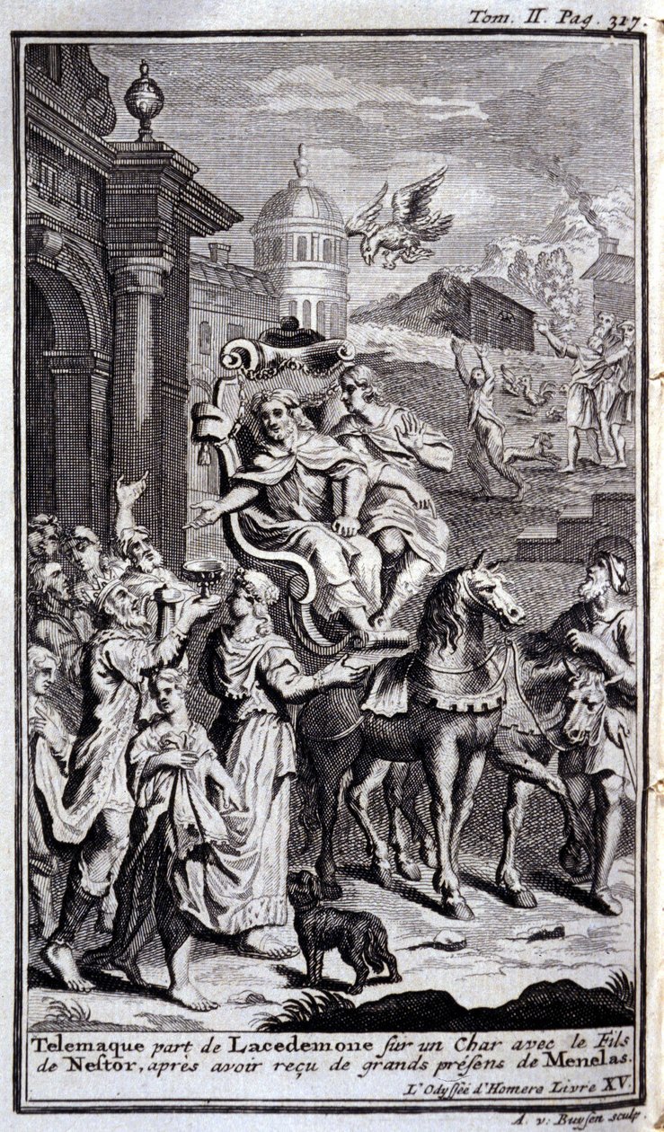 Telemaco lascia Lacedemone su un carro con il figlio di Nestore dopo aver ricevuto grandi doni da Menelao. Illustrazione per il libro XV dell