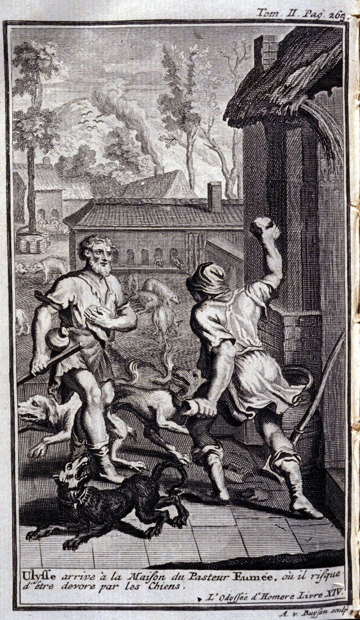 Ulisse arriva alla casa del pastore Eumeo, o potrebbe essere divorato dai cani. Illustrazione per il libro XIV dell