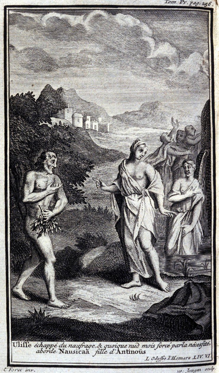 Ulisse sfugge al naufragio, e sebbene nudo ma costretto dalla necessità si avvicina a Nausicaa, figlia di Antinoo. Illustrazione per il libro VI dell