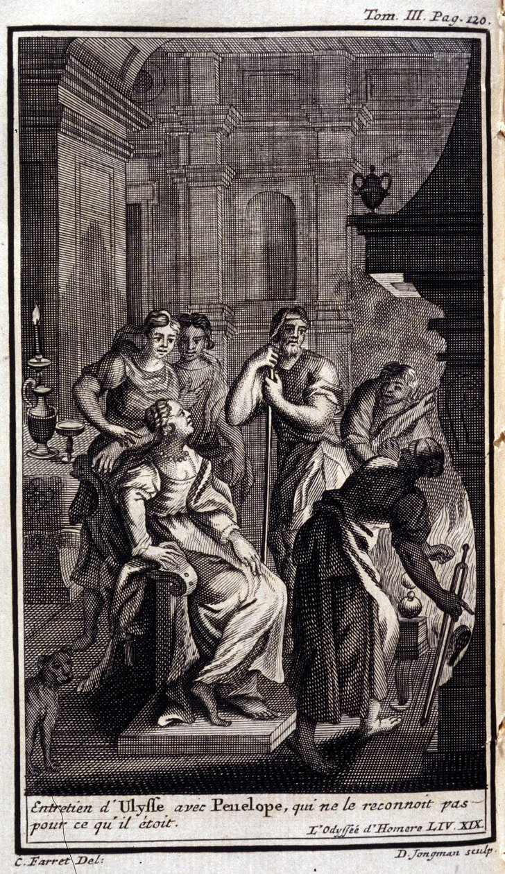 Ulisse parla con Penelope, che non lo riconosce. Illustrazione per il libro XIX dell